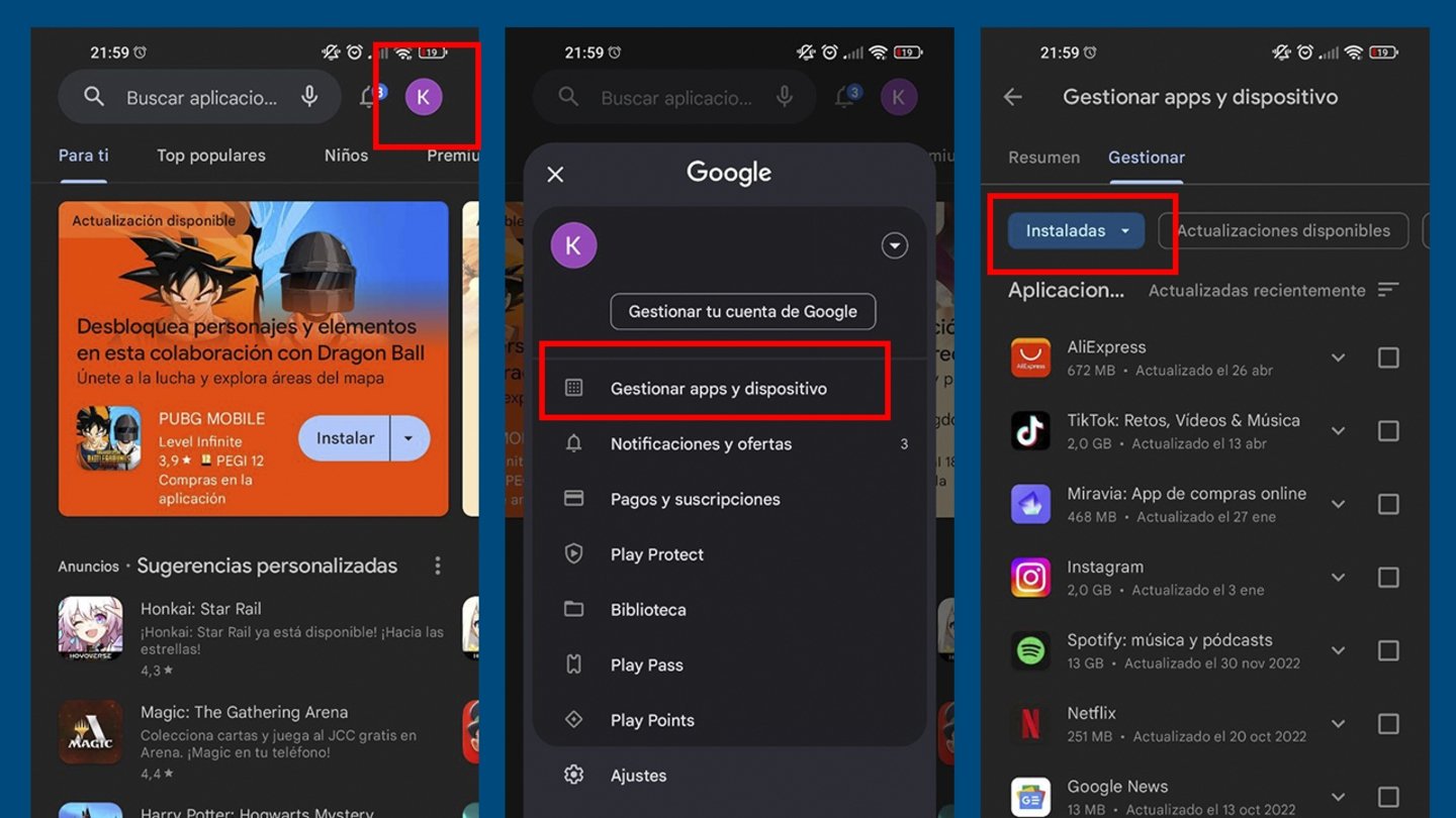 Capturas de Google Play mostrando cómo ver las apps que has descargado