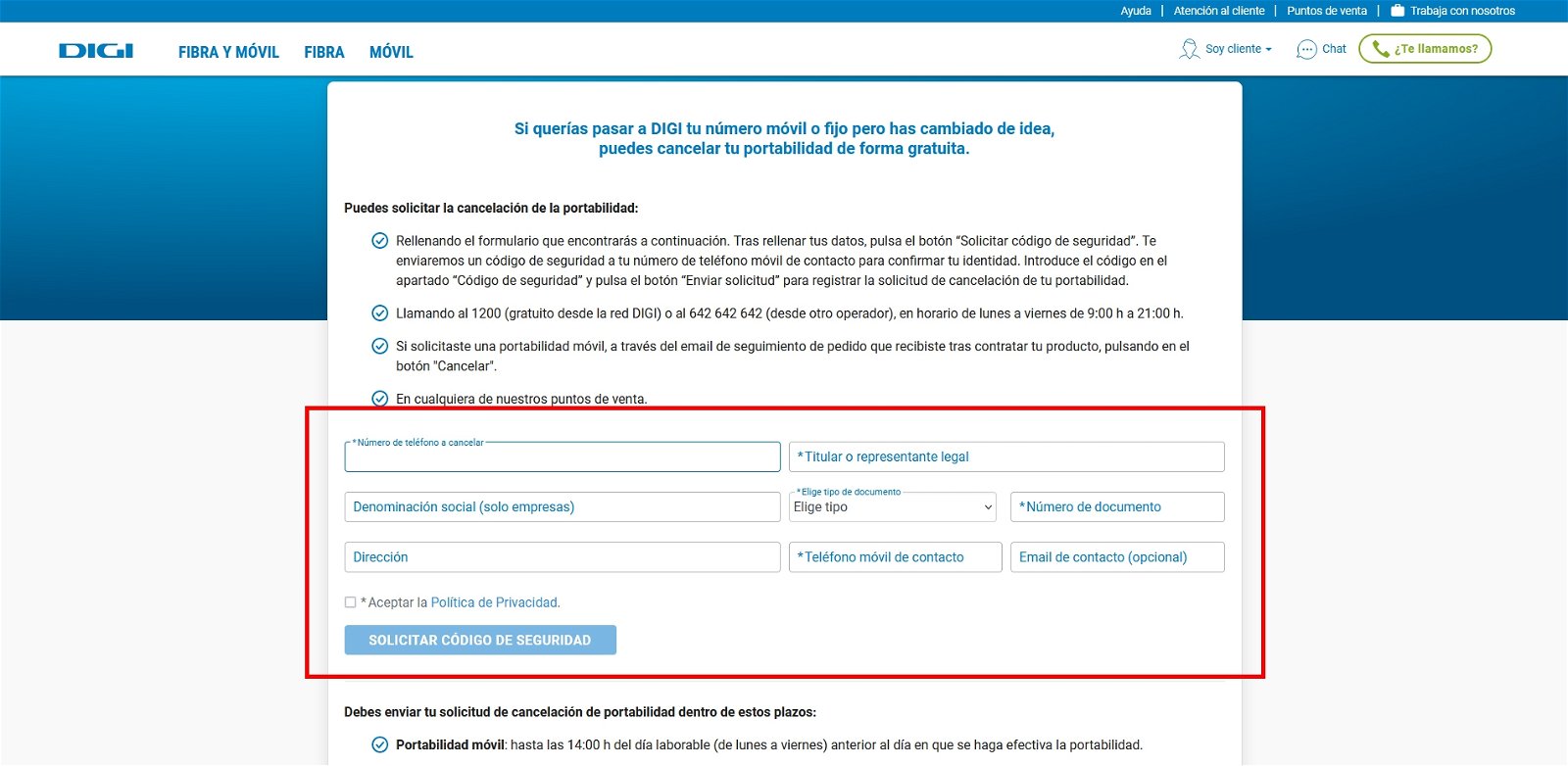 Formulario para cancelar la portabilidad a Digi