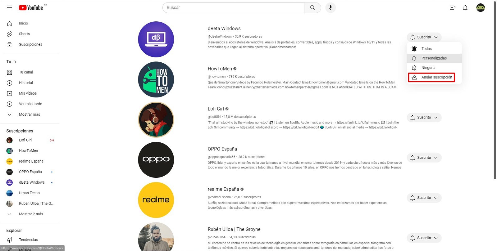 Cómo eliminar todas las suscripciones a canales de YouTube de una sola vez